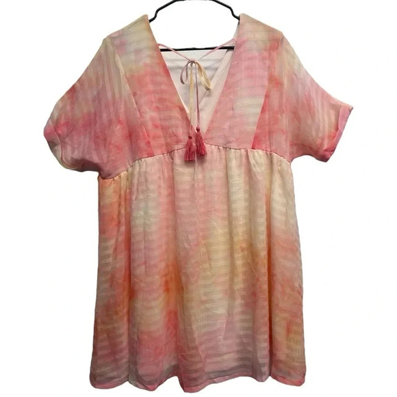Entro Pink Lemon Yellow Tie Dye Mini Relaxed Fit Dress Beach Cover Up Size L - Picture 4 of 8